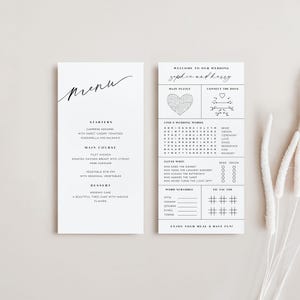 Modern trouwmenu met tafelspellen, spelblad bruiloft, aanpasbare receptiespellen, bewerkbare menuspelideeën