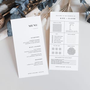 Menu avec jeux de table, feuille de jeux d'activités, modèle de menu de mariage moderne modifiable, idée de jeu de réception de mariage personnalisable