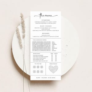 Idée de jeu de menu de mariage, modèle de menu de jeu de table d'activités, jeux de réception de mariage personnalisables, feuille de jeu de menu minimaliste