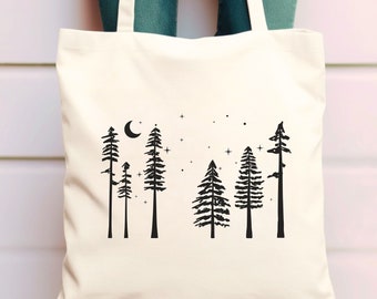 Pine Tree Tote Bag, Night Sky Tote Bag, Forest at Night Tote Bag, Moon and Stars Tote Bag