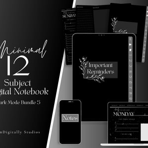 Minimal Dark Mode Digital Notebook: 12-Subject Hyperlinked Planner (Digital Download)