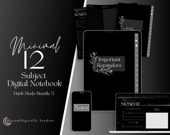 Minimal Dark Mode Digital Notebook: 12-Subject Hyperlinked Planner (Digital Download)