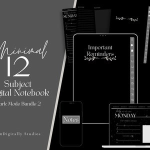 May include: A digital notebook bundle with a dark mode theme. The bundle includes a weekly planner, a daily planner, a notes page, and an important reminders page. The pages are black with white text and graphics.