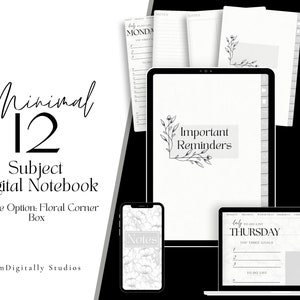 Könnte beinhalten: Ein digitales Notizbuch mit einem floralen Eckdesign. Das Notizbuch ist auf einer Seite mit dem Text "Wichtige Erinnerungen" und einer floralen Illustration geöffnet. Das Notizbuch befindet sich auf einem Computerbildschirm. Das Notizbuch ist auch auf einem Tablet und einem Telefon zu sehen. Das Notizbuch ist Teil einer Bundle-Option namens "Floral Corner Box".