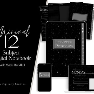 May include: A digital notebook bundle with a dark mode theme. The bundle includes a variety of templates for different purposes, such as notes, reminders, and daily planning. The templates feature a black background with white text and a starry night design.