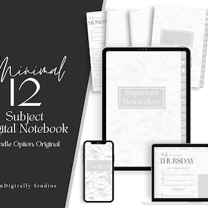Peut inclure: Un ensemble de carnets numériques avec un design marbré. L'ensemble comprend un écran d'ordinateur portable, une tablette et un téléphone avec différentes mises en page pour la prise de notes, les rappels et la planification quotidienne. Le texte "Minimal 12 Subject Digital Notebook Bundle Option: Original" est affiché sur un fond noir.