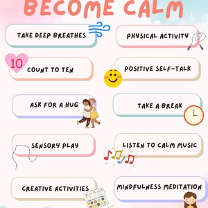 Może przedstawiać: Kolorowa infografika z metodami wspomagania autoregulacji i odzyskania spokoju. Infografika zawiera takie zwroty jak: "Głęboko oddychaj", "Aktywność fizyczna", "Liczenie do dziesięciu", "Pozytywne samomotywowanie", "Poproszenie o uścisk", "Zrobienie sobie przerwy", "Zabawa sensoryczna", "Słuchanie spokojnej muzyki", "Zajęcia kreatywne" i "Medytacja uważności".