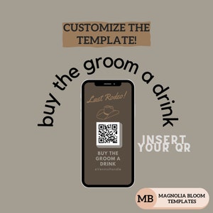 May include: A brown and white phone screen mockup with a QR code and the text "Last Rodeo!" and "Buy the groom a drink" with a Venmo handle. The text "Customize the template!" and "Insert your QR" are also on the image. The image has a brown background.