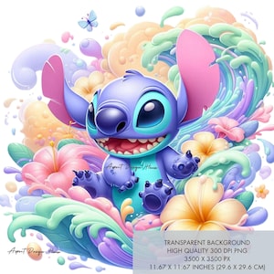 2 Frühlingsblumen x Playful Stitch PNG, Sublimationsentwürfe Hochwertige 300 dpi Cliparts, Wandkunstdrucke, Scrapbookbilder, digitaler Download