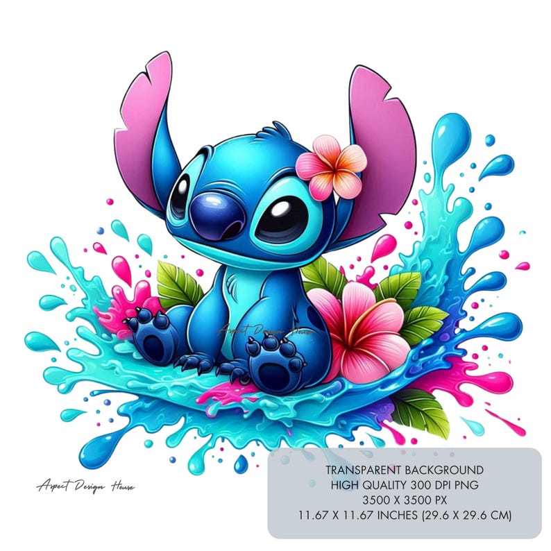 May include: A blue cartoon character with large ears and big eyes, sitting on a blue and pink water splash. The character is wearing a pink flower in its hair. The image is on a transparent background.