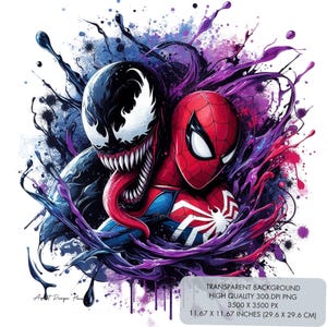 Può includere: Un'illustrazione digitale di Spider-Man e Venom in una posa dinamica. I personaggi sono circondati da schizzi di vernice colorati, creando una scena vibrante ed energica. Lo sfondo è trasparente.