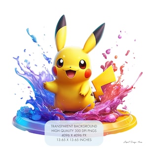 May include: A yellow Pikachu Pokemon character with black ears and a tail, standing in a splash of blue, pink, and purple paint. The background is transparent.