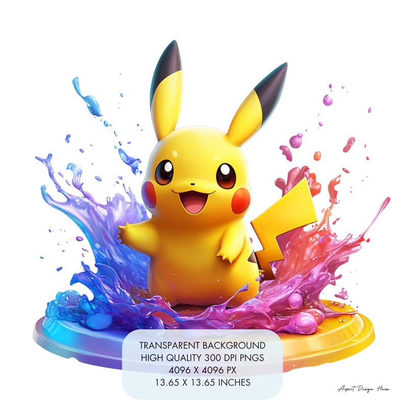 May include: A yellow Pikachu Pokemon character with black ears and a tail, standing in a splash of blue, pink, and purple paint. The background is transparent.