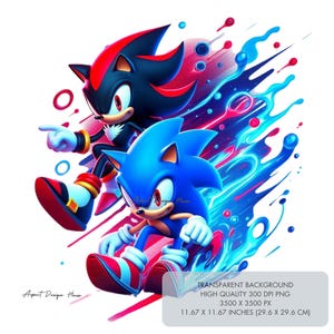 Może przedstawiać: Cyfrowa ilustracja Sonica i Shadow, postaci z gier wideo. Sonic jest niebieski, Shadow jest czarny z czerwonymi akcentami. Obraz zawiera dynamiczne, kolorowe smugi i tekst "Aspect Design House". Wymiary: 29,6 x 29,6 cm.