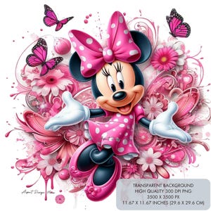 May include: A pink and white polka dot dress with a pink bow on top of the head. The character is standing on a pink and white floral background with butterflies.
