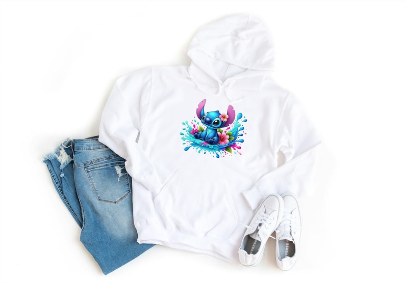 May include: White hoodie with a blue Stitch character wearing flowers and surrounded by blue and green water splashes.
