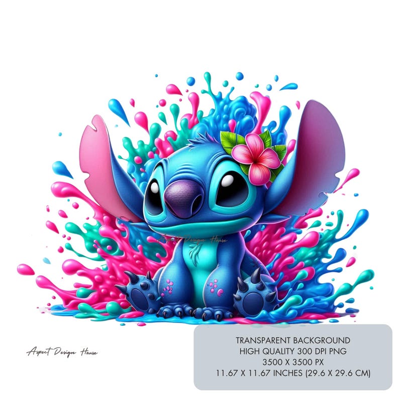 May include: A blue Stitch character from the Disney movie Lilo & Stitch, sitting in a colorful splash of pink and blue paint. The character is wearing a flower in its hair.