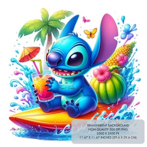 3 Stitch Summer Drink Clipart PNG, Projekty sublimacji Wysokiej jakości 300 dpi, Nadruk obrazu na koszulce, Prezent urodzinowy dla dziecka Cyfrowy plik do pobrania