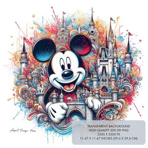 May include: A vibrant illustration of Mickey Mouse smiling, surrounded by colorful castles and abstract splashes. The artwork features a transparent background and is 11.67 x 11.67 inches (29.6 x 29.6 cm). The image is high quality 300 DPI PNG.