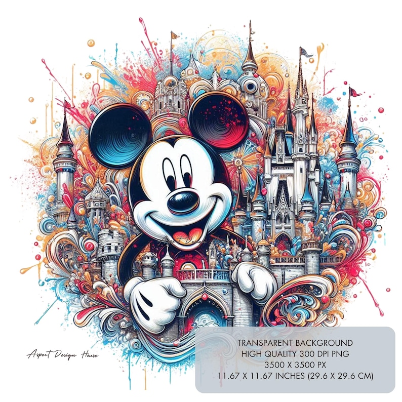May include: A vibrant illustration of Mickey Mouse smiling, surrounded by colorful castles and abstract splashes. The artwork features a transparent background and is 11.67 x 11.67 inches (29.6 x 29.6 cm). The image is high quality 300 DPI PNG.