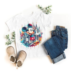 May include: White short-sleeved t-shirt featuring a colorful illustration of Mickey Mouse in front of a castle. The image is accompanied by blue jeans, beige shoes, and decorative greenery. A fun outfit for kids.