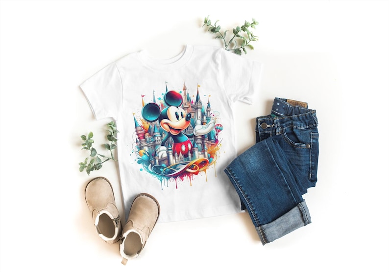 May include: White short-sleeved t-shirt featuring a colorful illustration of Mickey Mouse in front of a castle. The image is accompanied by blue jeans, beige shoes, and decorative greenery. A fun outfit for kids.