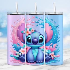Pink and blue Stitch tumbler design, PNG tumbler wrap, Disney cartoon gift, skinny tumbler 20oz 20 oz, Digital download for sublimation