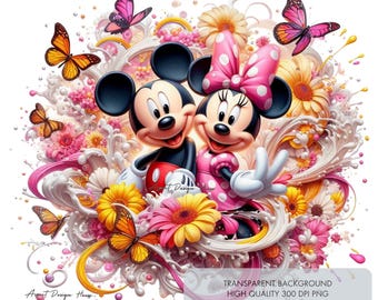 3 Minnie and Mickey x Butterflies PNG Clipart, High quality 300 dpi Sublimation Designs, Shirt image for kids couple, Digital Download