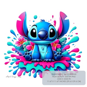 4 Stitch PNG, Lilo i Stitch Splash Sublimacja Projekt Wysokiej jakości 300 dpi, Wydruk sztuki ściennej, projekt koszulki clipart, Cyfrowe natychmiastowe pobieranie