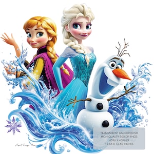 Pu&ograve; includere: Un'illustrazione digitale di Elsa, Anna e Olaf del film Frozen. Elsa indossa un abito blu e argento, Anna indossa un abito viola e giallo e Olaf indossa un naso di carota e un corpo bianco. I personaggi sono in piedi davanti a uno sfondo di acqua blu e bianco.