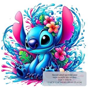 May include: A blue cartoon character with large eyes and pink ears, sitting in a colorful spray of water and flowers. The character is surrounded by pink, blue, and green splashes, and there are pink hibiscus flowers on its head.