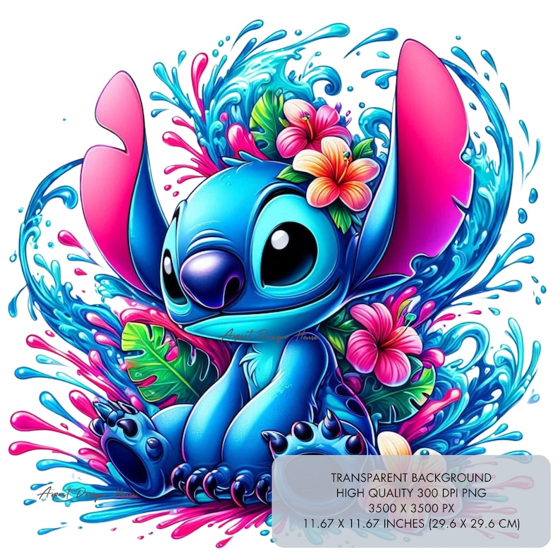 May include: A blue cartoon character with large eyes and pink ears, sitting in a colorful spray of water and flowers. The character is surrounded by pink, blue, and green splashes, and there are pink hibiscus flowers on its head.