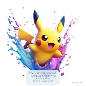 May include: A yellow cartoon character with a lightning bolt tail, known as Pikachu, is jumping out of a splash of blue, pink, and purple paint. The background is white.