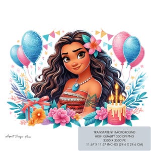 Archivo de diseño PNG de la Princesa Moana para sublimación, cumpleaños de niña de verano, hawaiana, clipart de alta calidad de 300 dpi, descarga digital