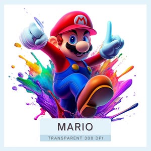 4 Super Mario PNG Clipart, Splash und Aquarell für Sublimation, TRANSPARENTER HINTERGRUND, hohe Auflösung 300 DPIs, Instant Download Set