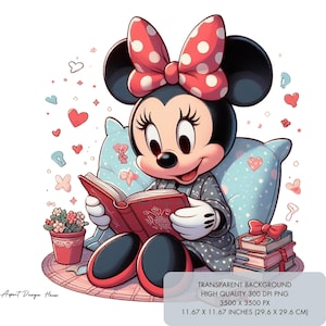 May include: A cartoon illustration of Minnie Mouse wearing a red and white polka dot bow and a blue and white patterned robe. She is sitting on a blue and white pillow, reading a red book. There is a potted plant with pink flowers and a stack of books with a red bow on top.