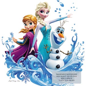 Pu&ograve; includere: Elsa e Anna di Frozen, in piedi in un'onda di acqua blu con Olaf il pupazzo di neve. Lo sfondo &egrave; trasparente.
