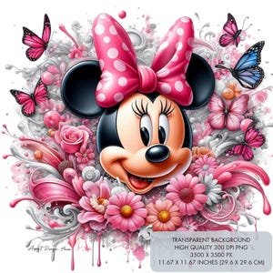 May include: A digital illustration of Minnie Mouse with a pink bow and polka dots. She is surrounded by pink flowers and butterflies on a white background.