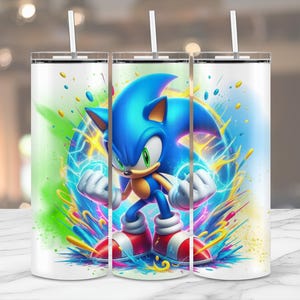 3D Sonic the Hedgehog Neon Tumbler Wrap, Sonic Charging Tumbler Sublimation Design PNG, 20oz 20 oz Skinny Straight Tumbler design, kids gift