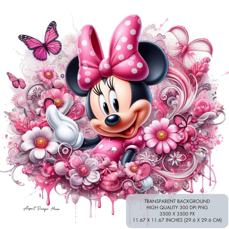 May include: A pink and white cartoon mouse with a big red bow and white polka dots. The mouse is surrounded by pink flowers and butterflies. The background is transparent.