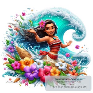 Puede incluir: Ilustración digital de una mujer polinesia con cabello largo y oscuro, adornada con flores, montando una ola. Lleva un top y una falda rojos y blancos, rodeada de flores coloridas. La imagen tiene un fondo transparente y mide 29,6 x 29,6 cm.