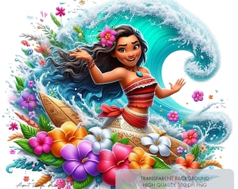 4 Moana Hawaiian Summer PNG-clipart, sublimatieontwerpen 300 dpi, kunst aan de muur wordt afgedrukt, afbeelding shirt voor kinderfeestje reis verjaardag digitale download