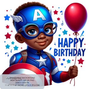 1 Feliz Aniversário Capitão América PNG Clipart Design de Sublimação, Imagem de Design de Camiseta de Super-herói 300 dpi, Download Digital Instantâneo
