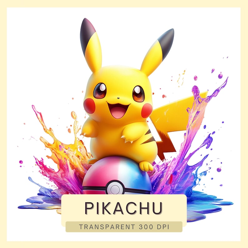 May include: A yellow Pikachu Pokemon character with a red and blue Pokeball, surrounded by colorful paint splatters.
