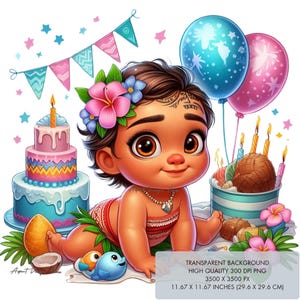 1 archivo de descarga digital de invitación de cumpleaños de niña de la princesa Moana bebé PNG, diseños de sublimación de alta calidad de 300 dpi clipart para decoraciones