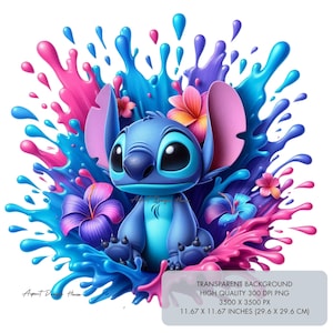May include: A blue Stitch character from the Disney movie Lilo & Stitch sitting in a splash of pink, blue, and purple paint. The background is transparent.