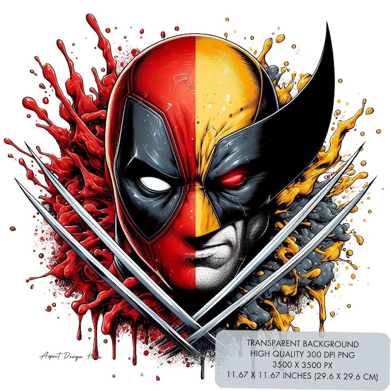 May include: A digital illustration of Deadpool and Wolverine's heads merged together. The background is a red and yellow splatter pattern with two silver claws crossing in the center.