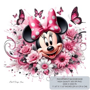 May include: A digital illustration of Minnie Mouse with a pink bow and polka dots. She is surrounded by pink and white flowers and butterflies. The background is white with pink paint splatters.