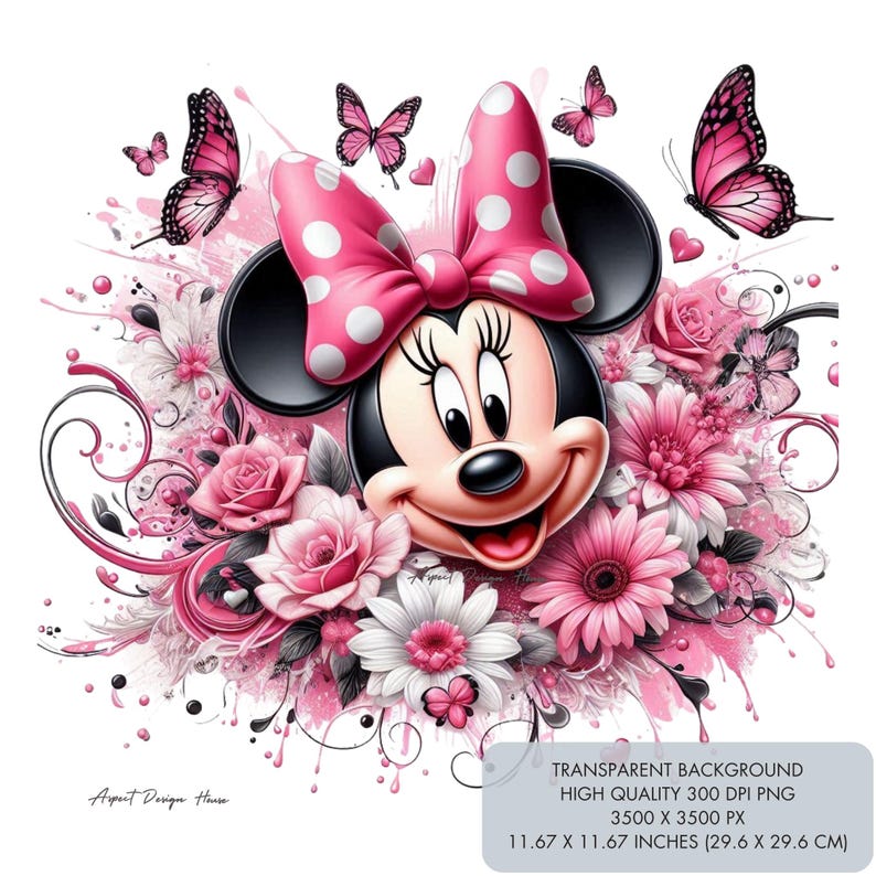 May include: A digital illustration of Minnie Mouse with a pink bow and polka dots. She is surrounded by pink and white flowers and butterflies. The background is white with pink paint splatters.