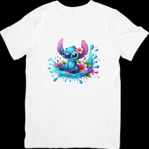 May include: A white t-shirt with a blue Stitch character from Lilo & Stitch. Stitch is surrounded by blue, pink, and white water splashes and pink flowers.